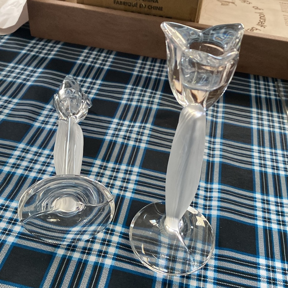 Vintage Pair of Spring Aria Tulip Frosted Led Crystal Candle Holders by Mikasa